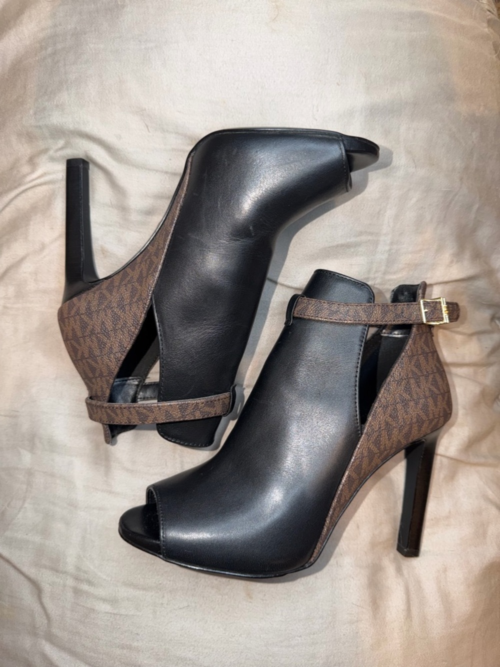 Michael Kors Black and Brown Peep-Toe Ankle Booties